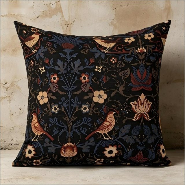 Kissenbezug im William Morris Stil mit Vogel- und Blumenmuster in Vintage Botanik-Optik, Mehrfarbig, B/B: 18 x 18 cm - Bild 1