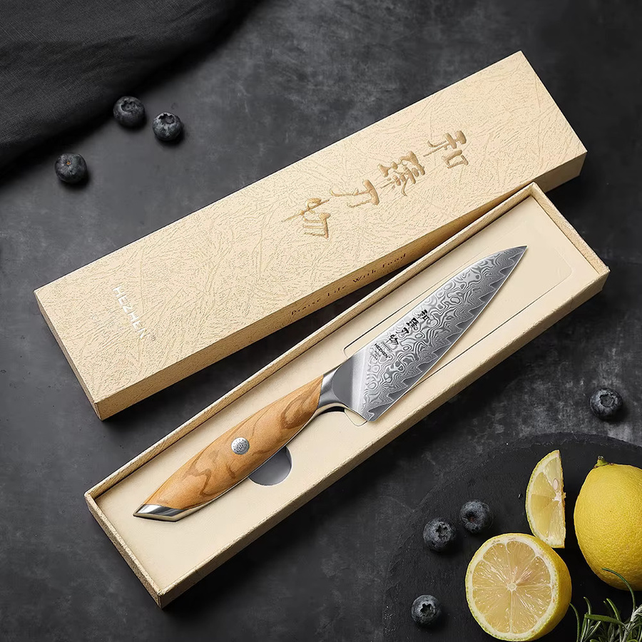 HEZHEN Flagship-Serie 5-Zoll-Allzweckmesser aus 73-lagigem Damaststahl mit Holzgriff in Silber - Bild 4