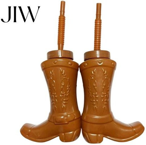 Elegancea Cowboystiefel-Becher Set mit Deckel und Strohhalm, 2er Pack Retro-Tumbler aus Kunststoff, Braun, 325 ml - Bild 1