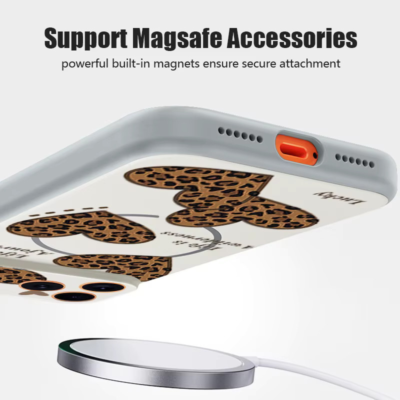 MOESOE Magnetische Handyhülle mit Leoparden-Herz-Muster für iPhone 17 Pro Max, 16, 15, 14, 13 Pro Max, kompatibel mit MagSafe Wireless Charging, Hart-PC Cover, Schwarz/Mehrfarbig - Bild 3