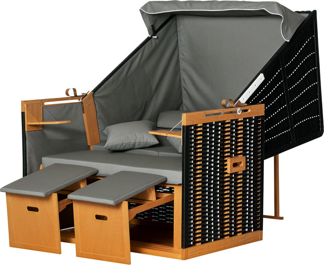 Outsunny Strandkorb Volllieger Gartenliege aus PE-Rattan mit Sonnenverdeck und Getränkehaltern, hellgrau, B/T/H: 118 x 79 x 160 cm - Bild 1
