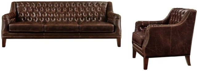 Vente-unique Couchgarnitur Colbert aus Kunstleder in Schokoladenbraun bestehend aus 3-Sitzer-Sofa, 2-Sitzer-Sofa und Sessel im Chesterfield-Stil mit Breite: 194,5 cm, Tiefe: 84 cm, Höhe: 56 cm - Bild 1