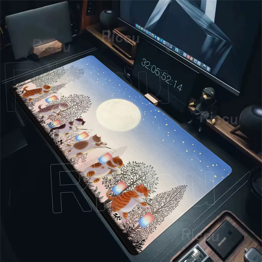 Riccu Mauspad Katze bei Mondlichtnacht Cartoon XXL Schreibtischunterlage Multicolour - Bild 2