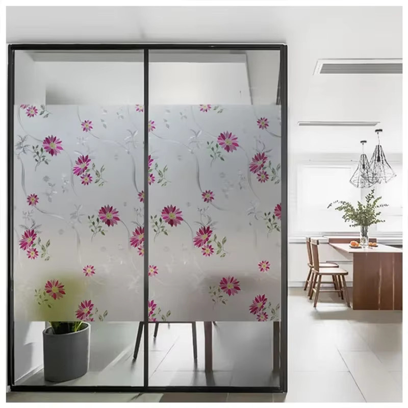 WXSHSH Fensterfolie für Privatsphäre mit lila Chrysanthemen Muster, selbstklebender Glasaufkleber für Zuhause und Büro - Bild 3