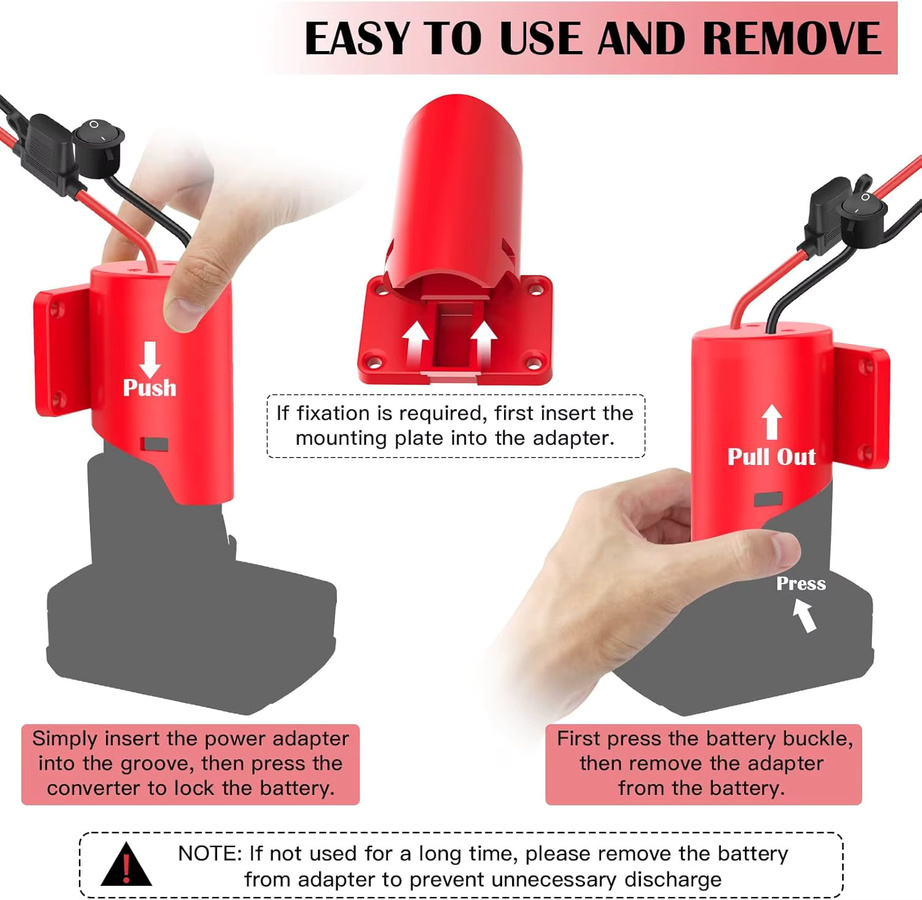2er Pack Milwaukee M12 Batteriekonverter DIY-Adapter für 12 V Li-Ionen-Akkus mit Schalter in Rot - Bild 4