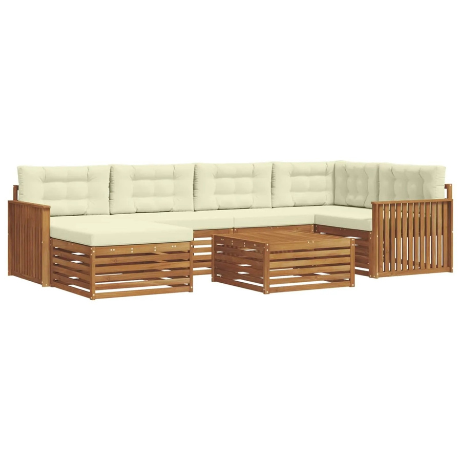 vidaXL Outdoor-Sofagarnitur 7-teilig in L-Form aus Akazienholz mit Kissen in Natur und Creme - Bild 2