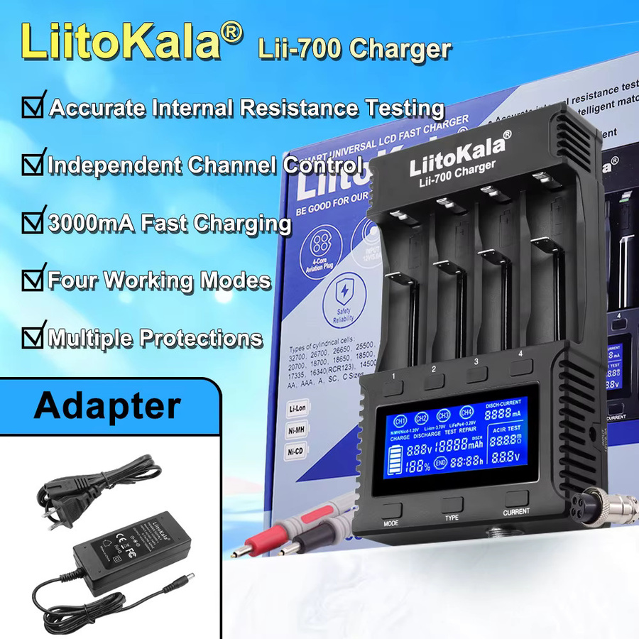 LiitoKala Batterieladegerät Lii-600 Lii-700 mit LCD für 3,7 V und 1,2 V Akkus, kompatibel mit 26650, 21700, 26700, AA und AAA, Schwarz - Bild 5