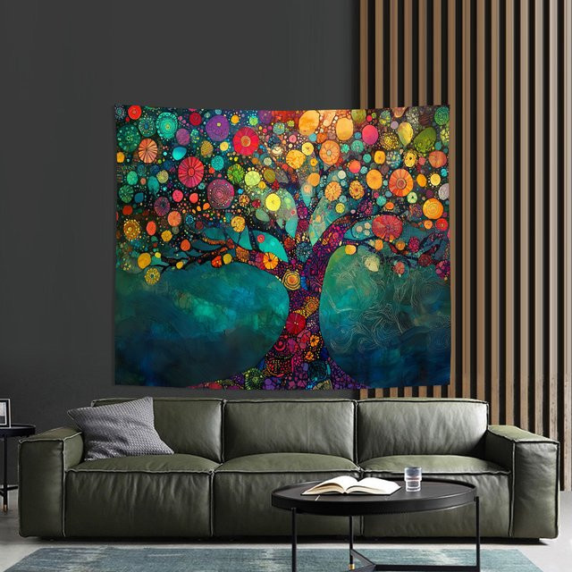 VIKAMA Baum des Lebens Wandteppich mit Regenbogen-Baldachin in Multicolour, Boho Floral Wanddeko für Wohnzimmer und Sofa, B: 60 cm, H: 40 cm - Bild 1