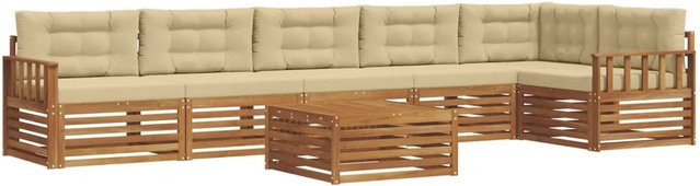 vidaXL Outdoor-Sofagarnitur 7-teilig in L-Form aus Akazienholz mit Kissen in Natur und Beige - Bild 1