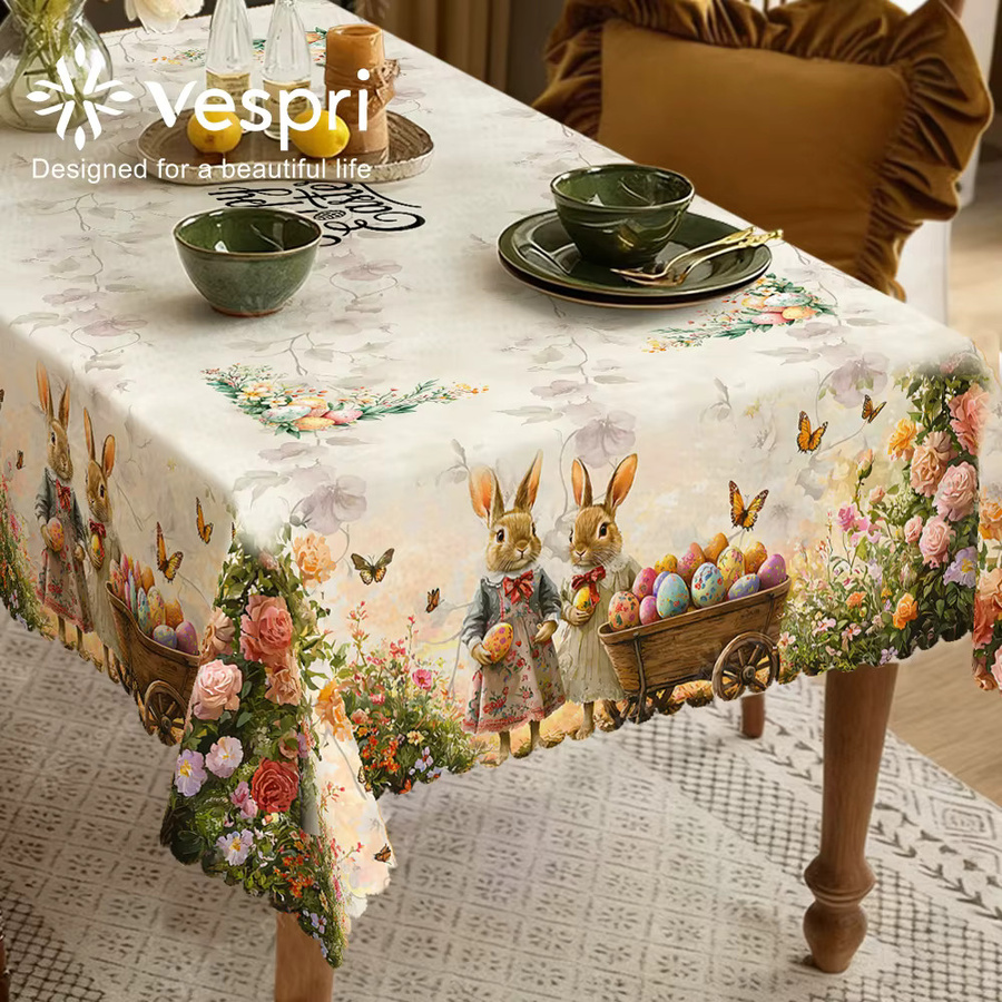 Vespri Oster-Tischdecke aus Polyester in Weiß-Beige mit Blumen- und Hasenmuster für Partys und Dekoration - Bild 3