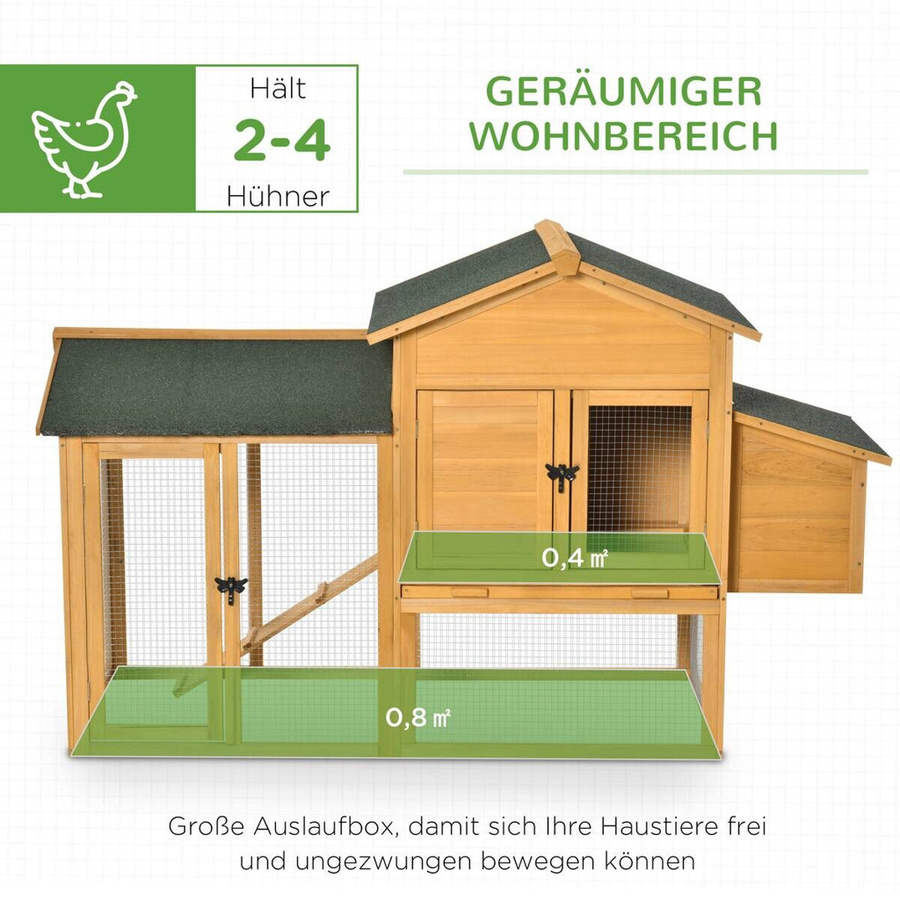 PawHut Zwerghühnerstall aus Tannenholz mit Auslauf und Nistkasten in Grün, B/H/L: 75 x 168 x 103 cm - Bild 2