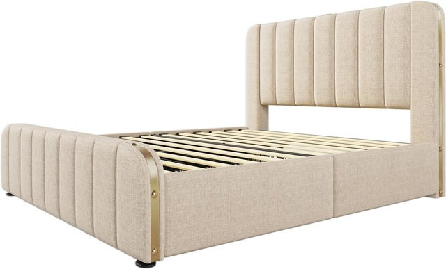 Polster-Doppelbett AB Store in Beige mit Goldakzenten, modern mit USB-Ladeport und Schubladen, B/T/H: 203 x 148 x 102 cm - Bild 1