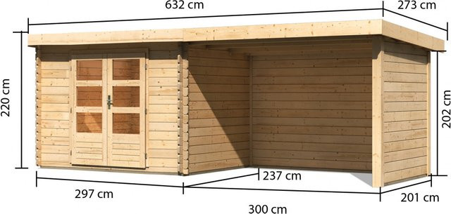 Gartenhaus aus nordischer Fichte KARIBU BASTRUP 3 in Naturbelassen mit Anbaudach und Buntbartschloss, B/T/H: 297 x 237 x 220 cm - Bild 1