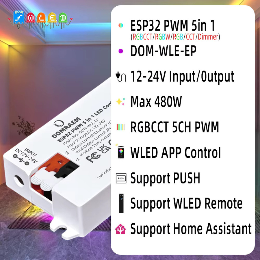 DOMRAEM 5-in-1 PWM ESP32 WLED Controller für CCT RGB RGBW RGBCCT LED-Streifen, WiFi, kompatibel mit Alexa und Home Assistant, 20 A Max, Farbe: Weiß - Bild 2