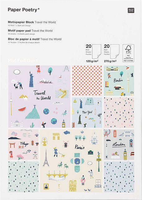 Rico Design Paper Poetry Motivpapierblock Travel the World DIN A4, weiß, 40 Blatt - Bild 1