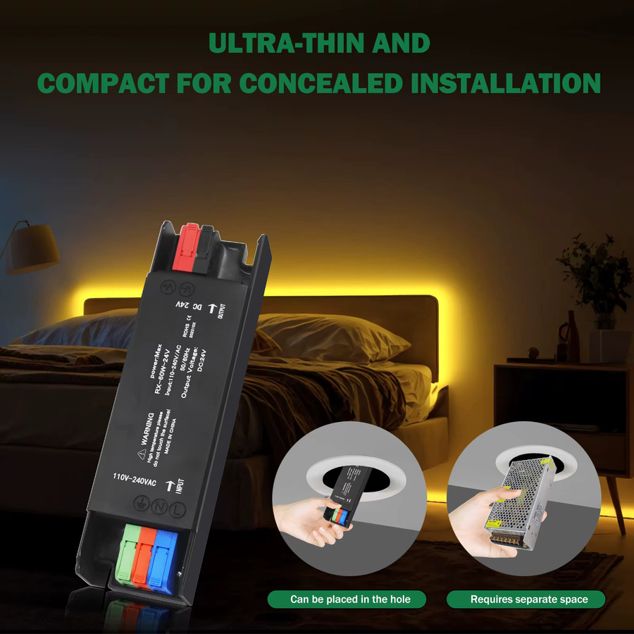 LED-Netzteil für LED-Streifen, stummschaltbarer LED-Lichttreiber, DC12 V/24 V, AC110–240 V, Schwarz - Bild 4