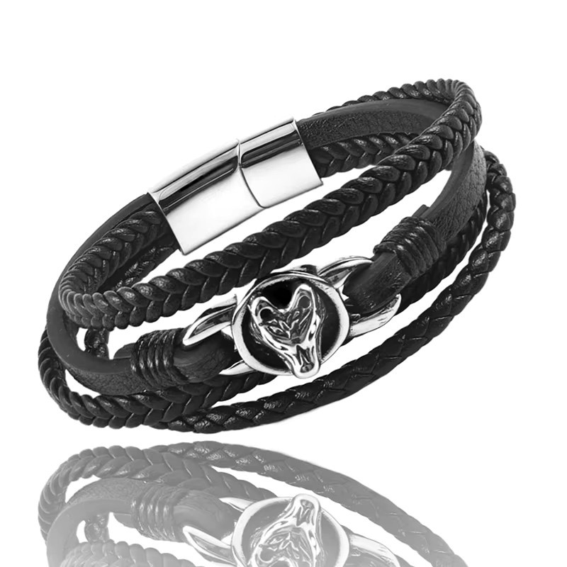 jiangmingao Magnetarmband, Leder, Edelstahl, Wolfskopf-Relief, Schwarz, Herren - Bild 2