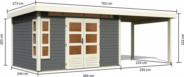 Gartenhaus KASTORF 7 in Terragrau mit 320 m2 Anbaudach und 28 mm Wandstärke, B: 364 cm, T: 244 cm - Bild 1