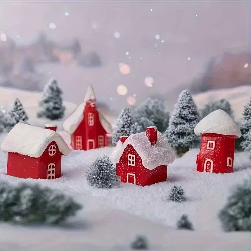 ZQNYCY 4er Set Weihnachtsdekoration Miniatur Winterdorf aus Harz in Rot für Tischdekoration und Kuchenverzierung - Bild 2