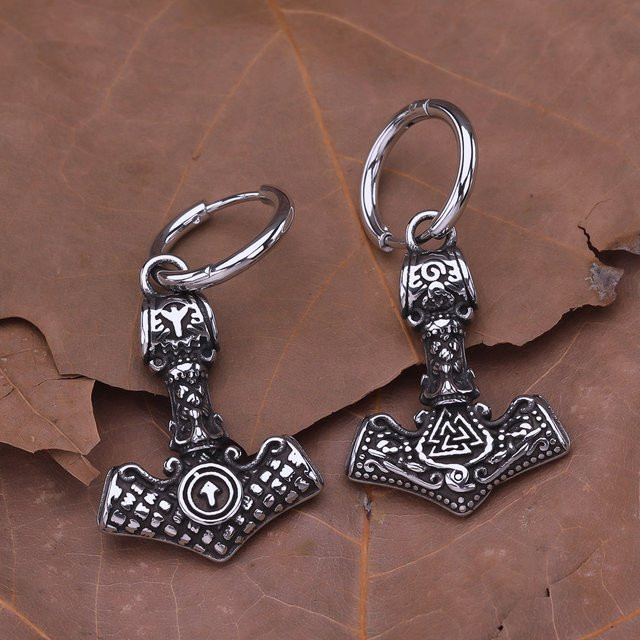Ohrringe Edelstahl, Silber, Wikinger Odin Thors Hammer, Unisex - Bild 1
