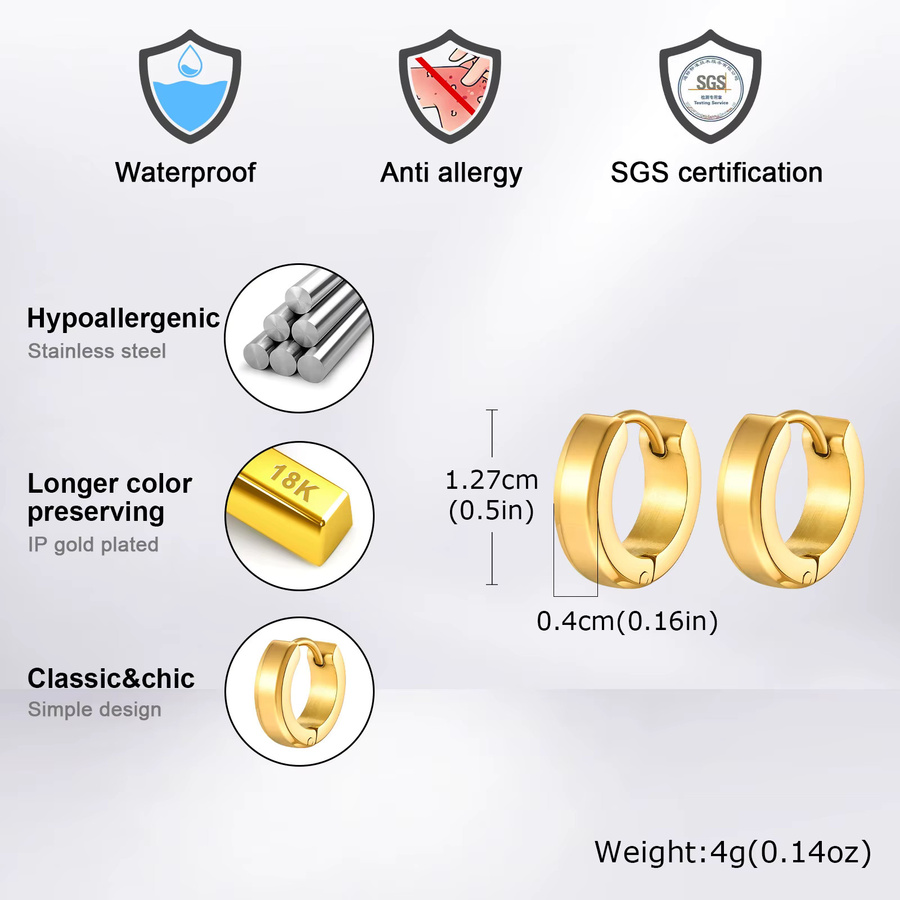 Creolen Huggies-Ohrringe Edelstahl, Herren, Gold - Bild 5