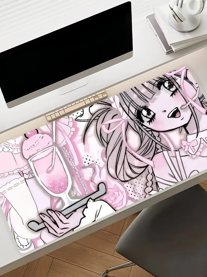 Niedliches Anime Girl Mauspad in Rosa, rutschfeste Schreibtischunterlage für PC und Laptop, XXL Gaming Schreibtischmatte aus Gummi - Bild 6
