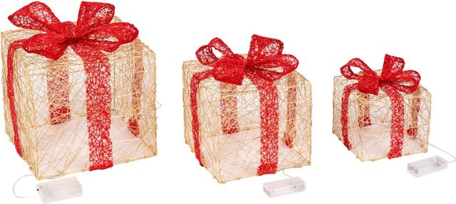 3-teilige LED-Dekofigur Geschenke Trio von Viva Domo in Gold und Rot aus Metall - Bild 1
