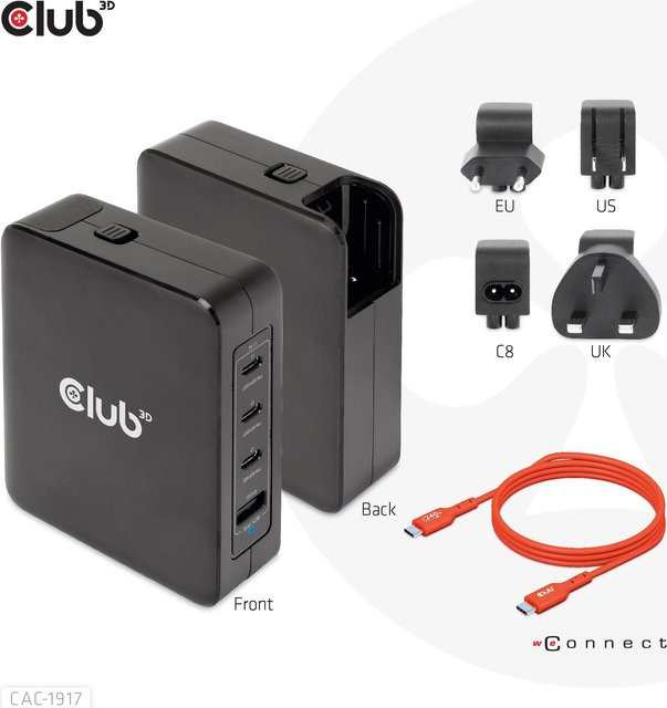 Club3D CAC-1917 USB Ladestation mit GaN-Technologie 140W in Schwarz mit 1x USB-A und 3x USB-C Anschlüssen sowie Power Delivery 3.1 und PPS - Bild 1