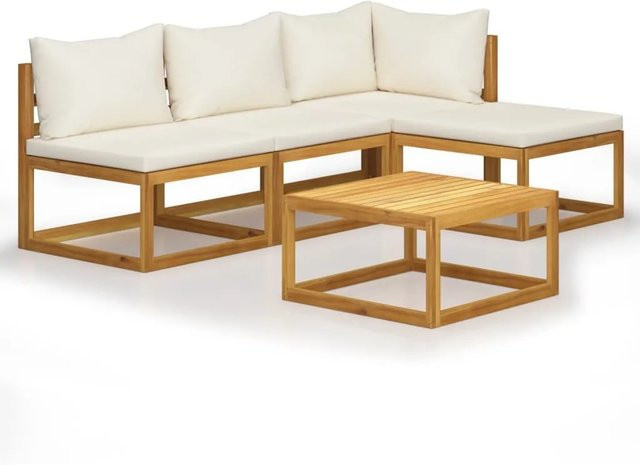 vidaXL 5-tlg Garten-Lounge-Set L-Form aus massivem Akazienholz mit Creme farbenen Auflagen - Bild 1