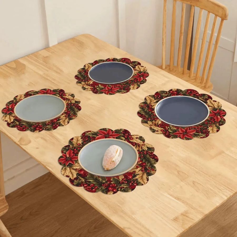 VIKAMA 4-teiliges Weihnachts-Tischset mit roter Beere und Spitze in Rot - Bild 4