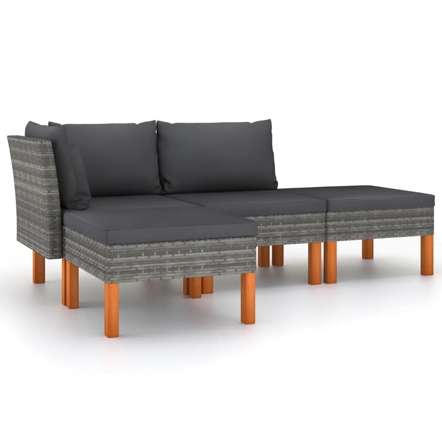 vidaXL 4-tlg Garten-Lounge-Set L-Form aus Poly-Rattan und Eukalyptusholz in Grau mit Kissen und Hockern - Bild 2