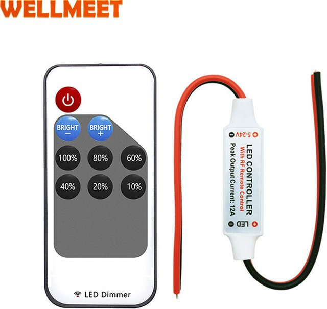 WELLMEET Mini LED Dimmer PWM-Signal-Controller für einfarbige Streifenlichter mit RF 9-Tasten Fernbedienung, DC 5V 12V 24V 6A - Bild 1