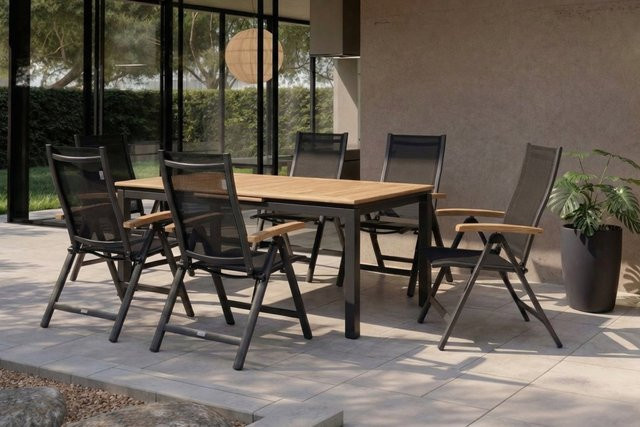 OUTFLEXX Garten-Essgruppe aus Aluminium, Teakholz und Textilene in Anthrazit Matt mit ausziehbarem Tisch und 6 Klappstühlen - Bild 1
