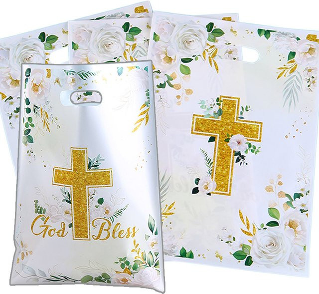 TMZ Wiederverwendbare Party-Geschenktüten aus Kunststoff mit Aufschrift God Bless in Weiß für kleine Geschenke und Leckereien - Bild 1