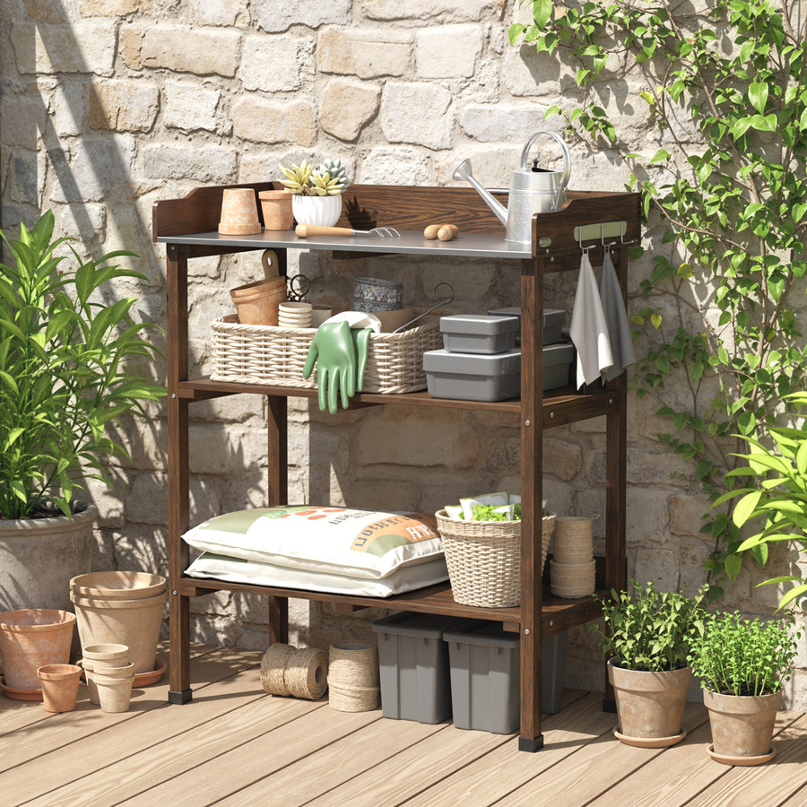 Aosom Outsunny Pflanztisch aus Holz mit 3 Ebenen und Metallplatte in Braun, B/T/H: 76 x 37 x 89 cm - Bild 2