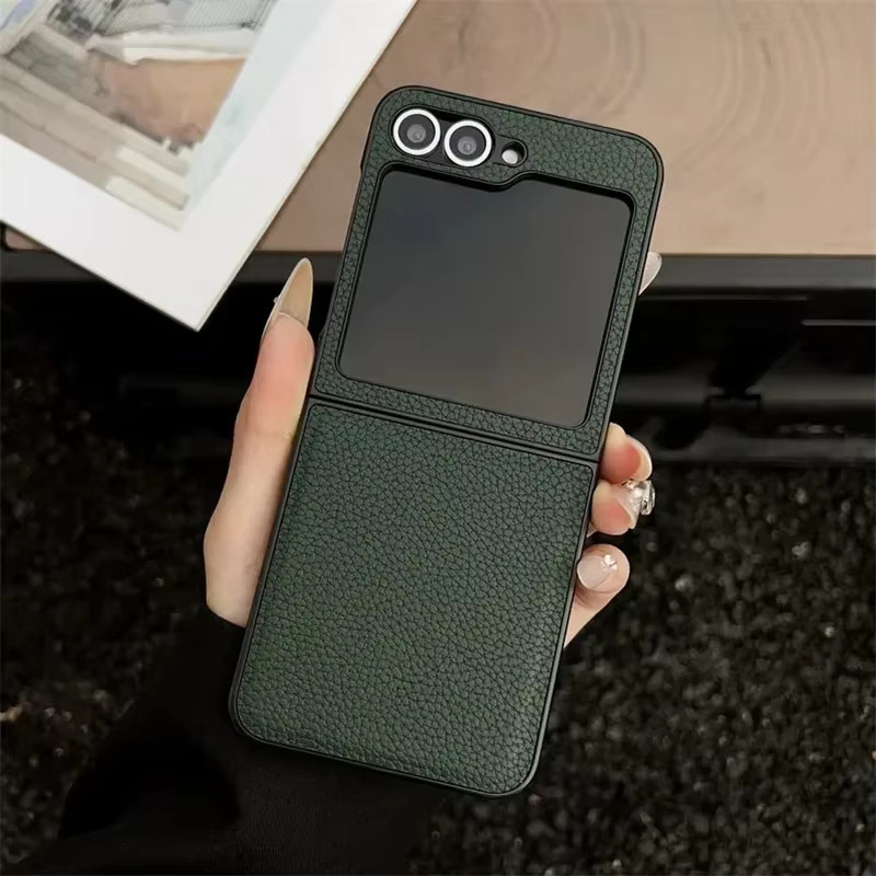 Luxuriöse Samsung Handyhülle aus PU-Leder mit Litschi-Muster für Samsung Galaxy Z Flip 7, Flip 6 und Flip 5, stoßfestes Softcover in Blau und Grün - Bild 1