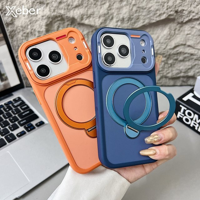 Xeber Magnetische Handyhülle mit Metall-Ringhalterung für iPhone 12 bis iPhone 17 Pro Max Plus, MagSafe kompatibel, Matte Bumper Cover, Farbe: Grau - Bild 1
