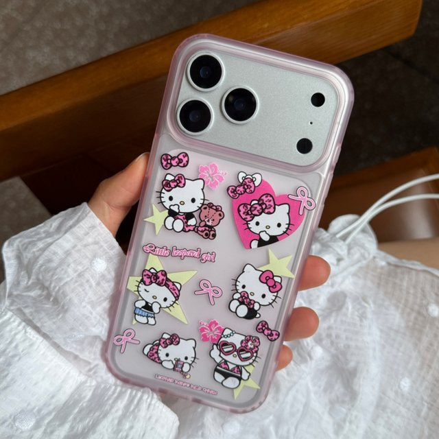 Hello Kitty Schutzhülle für iPhone 17 16 15 Pro Max mit Leopardenmuster in Pink und Transparent, mattes weiches Silikon, stoßfest - Bild 1