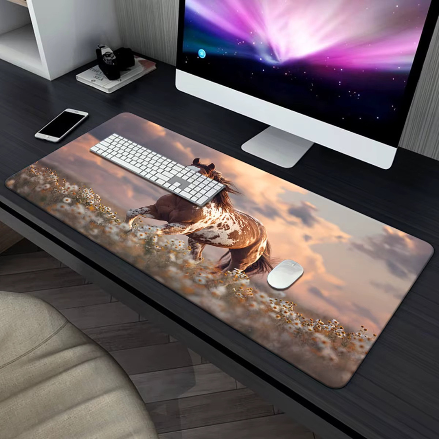 Mauspad mit Sonnenuntergang, Wildpferderennen und weißem Gänseblümchen-Design in Multicolour und Weiß, rutschfeste Gummibasis, verdickt und langlebig für Gaming und Büro - Bild 4