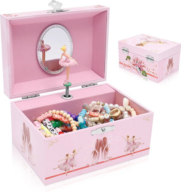 Jewelkeeper Schmuckbox mit rotierender Ballerina Spieluhr aus Holz in Pink - Bild 1