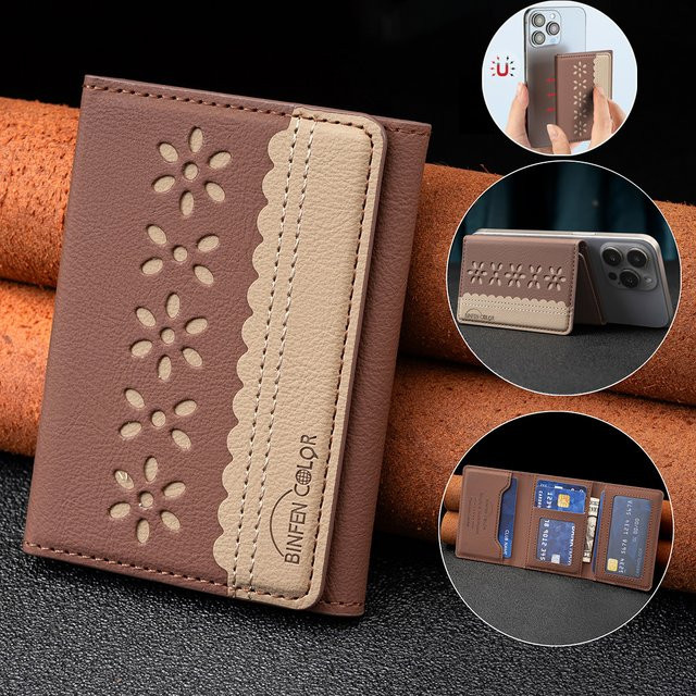 Retro Leder-Geldbörse mit Farbblock-Muster und 5 Kartenfächern für iPhone 18 Pro Max, Magnetische MagSafe Kreditkartenhülle, Braun - Bild 1