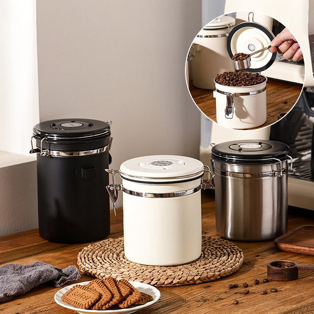 Edelstahl Kaffeebohnen Behälter in Silber mit Versiegelung zur Vorratshaltung von Kaffeebohnen und Lebensmitteln - Bild 1