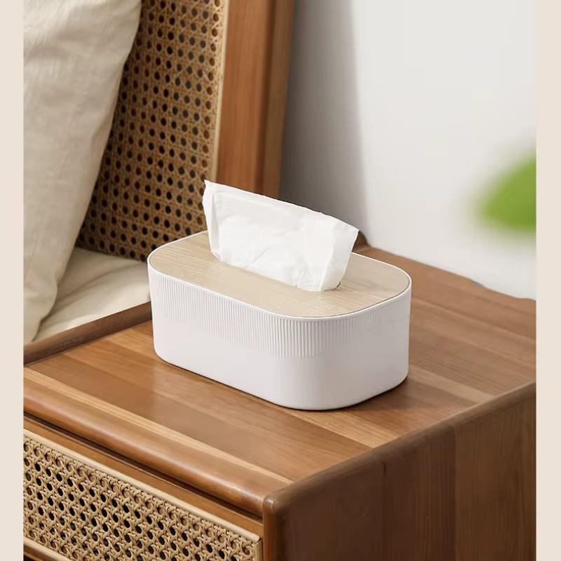 Minimalistische Taschentuchbox mit Holzdeckel in Weiß und Grün, Organizer für Wohnzimmer und Desktop aus Kunststoff und Holz, B/T/H: 21,5 x 7,5 x 17,5 cm - Bild 3