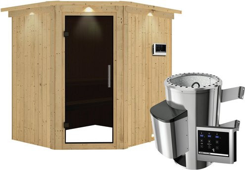 Karibu Sauna Talsen aus Fichtenholz in Beige mit 3,6 kW Saunaofen und externer Steuerung für 3 Personen, B: 202,0 cm, T: 184,0 cm, H: 210,0 cm - Bild 1