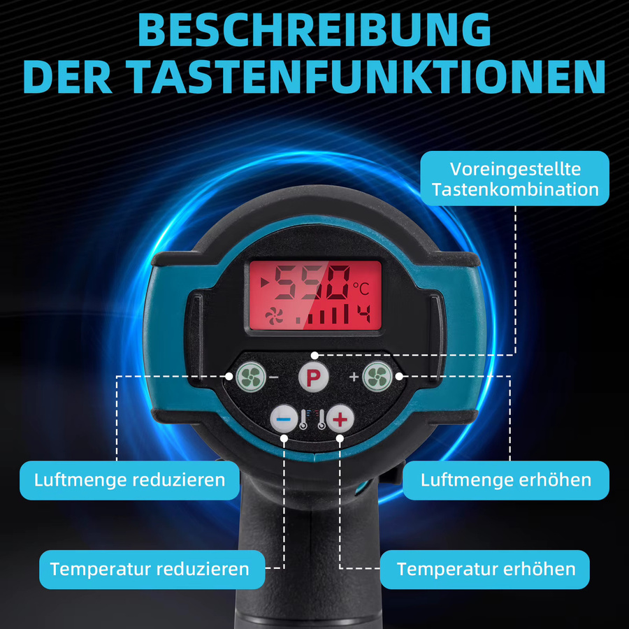 Makita Kabelloser Heißluftfön 350W in Blau mit 3 Düsen und einstellbarer Temperatur - Bild 4