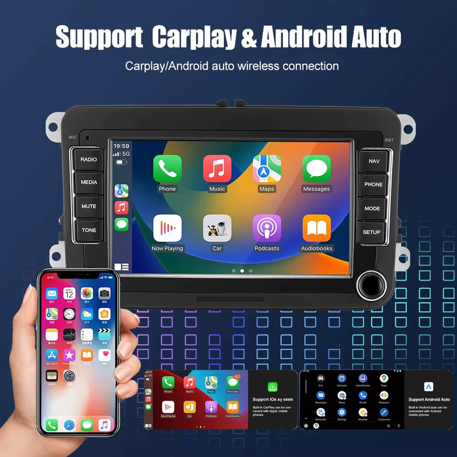 Gearelec Android 2 Din Autoradio Mediaplayer mit GPS und WLAN, Carplay, Schwarz, passend für VW Volkswagen Skoda Octavia Golf 5 6 Touran Passat B6 Polo Jetta - Bild 2
