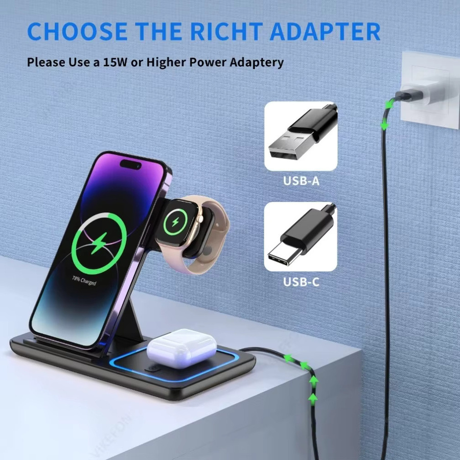VIKEFON Faltbare 3-in-1 Kabellose Schnelllade-Station für iPhone, iWatch und AirPods Pro/3, iOS-kompatibel, Weiß oder Schwarz - Bild 4