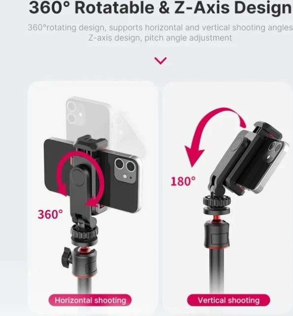 XIKCU Universeller Blitzschuh-Handyhalter in Schwarz mit 360 Grad Drehbarkeit als Klemme für Telefon, Kamera und Stativ für Vlog, Live-Streaming und Videoaufnahmen - Bild 1
