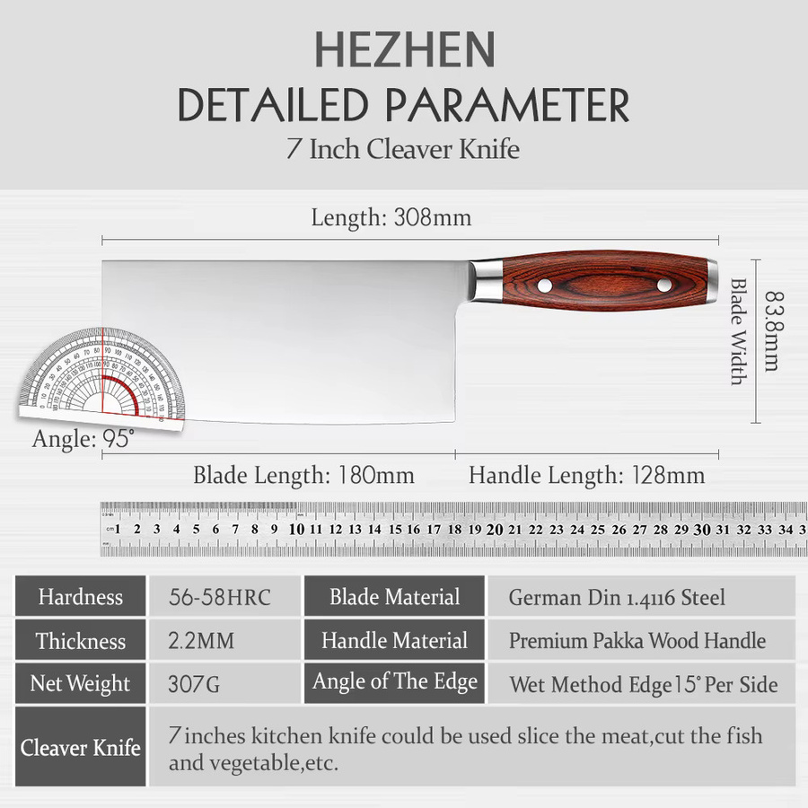 HEZHEN Kochmesser aus deutschem Molybdän-Vanadium-Stahl mit Pakka-Holzgriff, 7 Zoll, Silber - Bild 6