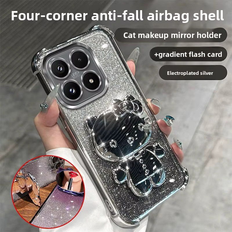 Luxuriöse Hello Kitty TPU Handyhülle mit Spiegel und Ständer für Xiaomi 17T Pro 15 Pro POCO X8 Pro in Schwarz - Bild 1